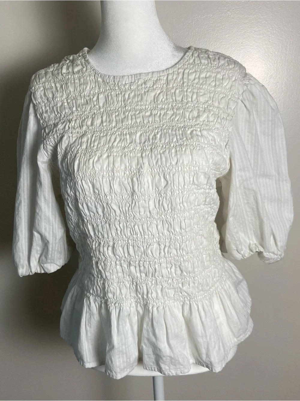Old Navy White Smocked Peplum Blouse with Puff Sleeves